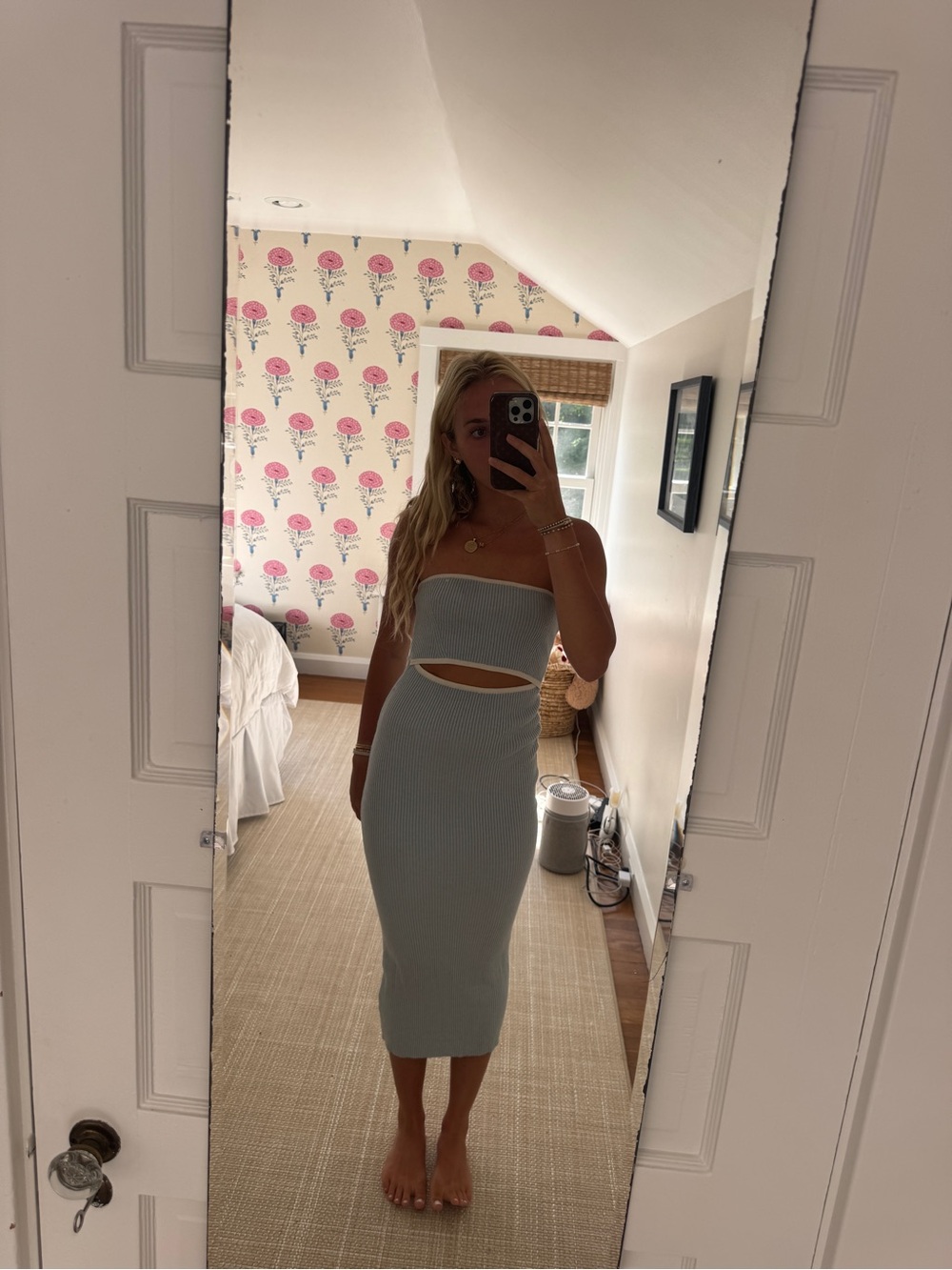 Strapless Ribbed Midi Skirt Dress with Front Cutout - Light Blue